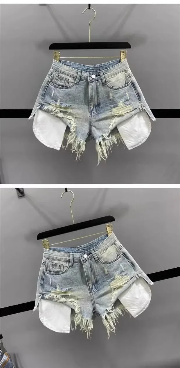 Korean retro blue sexy ripped jeans womens splicing work Aline high waisted denim ultra short 240926