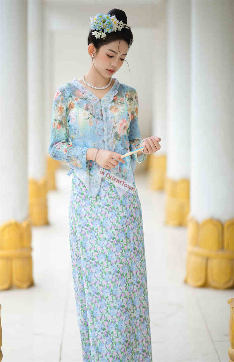 Singapore Little Nyonya Same Style Clothing Women Blue Floral Ethnic Travel Photography Dress Southeast Asian Trend Dai Top + Dress