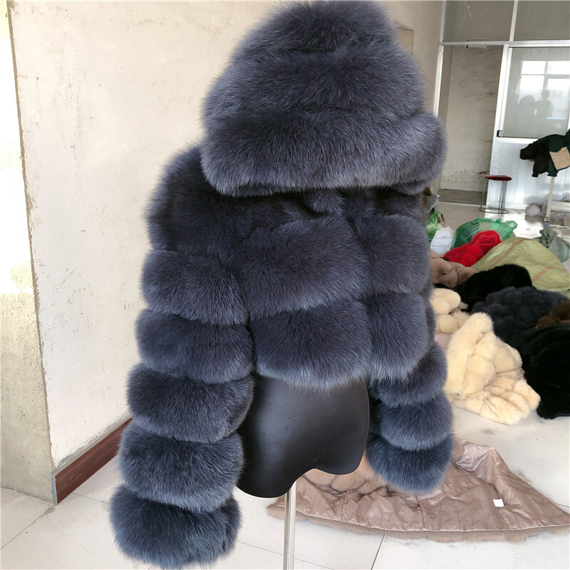 Natural New High Street Women Winter Jacket Real Fox Natural Raccoon 3 Rows Hooded Fur Coat