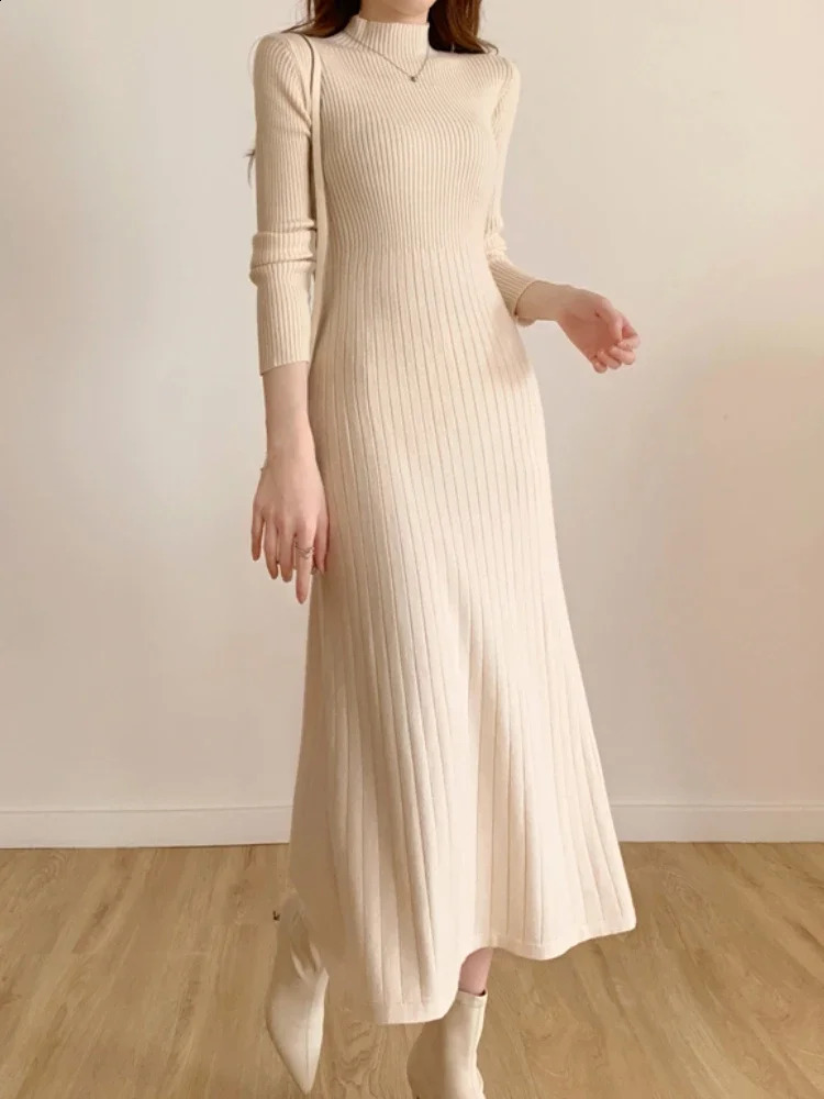 Autumn Winter 2024 Slim Long Sleeve Party Midi Dress for Women Knitted Half High Collar Elegant Sweater Dresses Ladies 240915