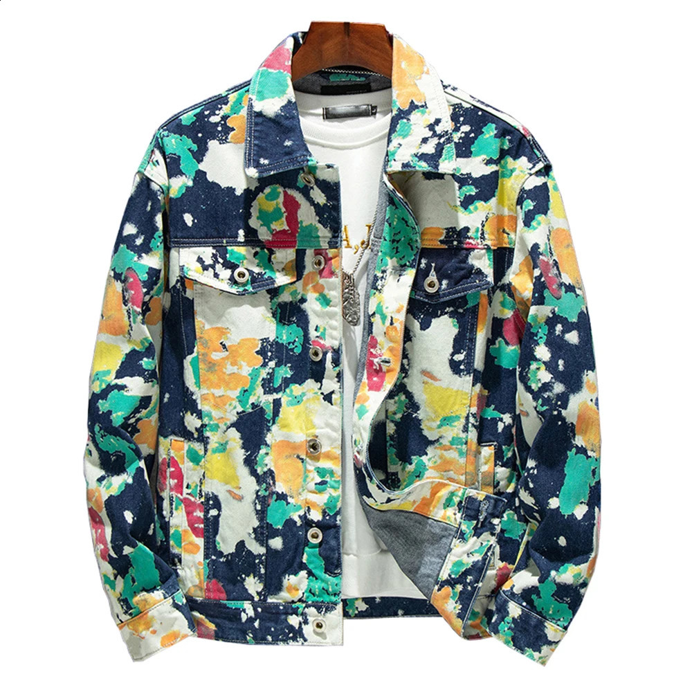 Mens Forest Camouflage Print Denim Jacket Loose Turn Down Collar Cargo Jean Coat Pockets Outerwear 240913