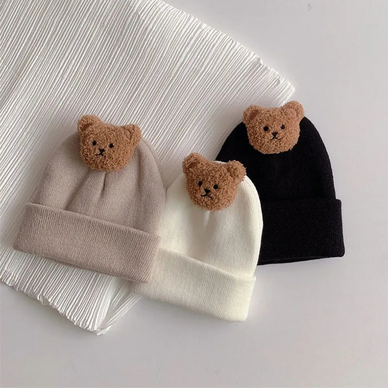 Korean cartoon bear baby hat cute solid color born bean girl boy autumn toddler knitted 240925