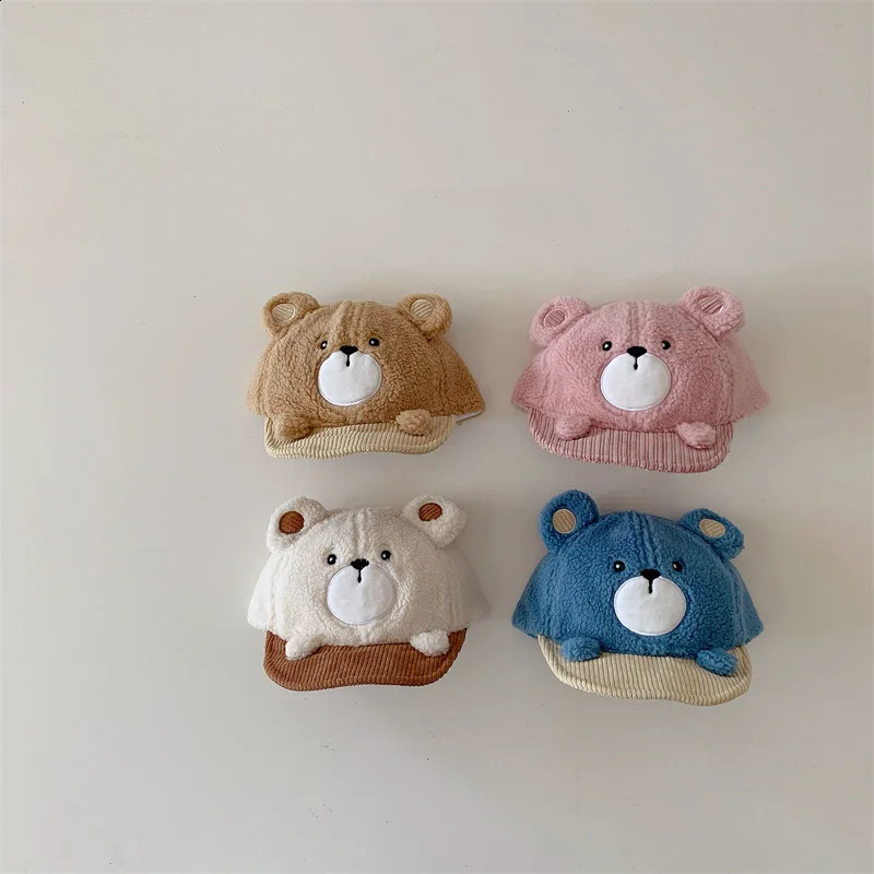 Cute Bear Plush Baby Baseball Hat Warm Cashmere for Winter Children Boy and Girl Cartoon Autumn Childrens Leather 240925