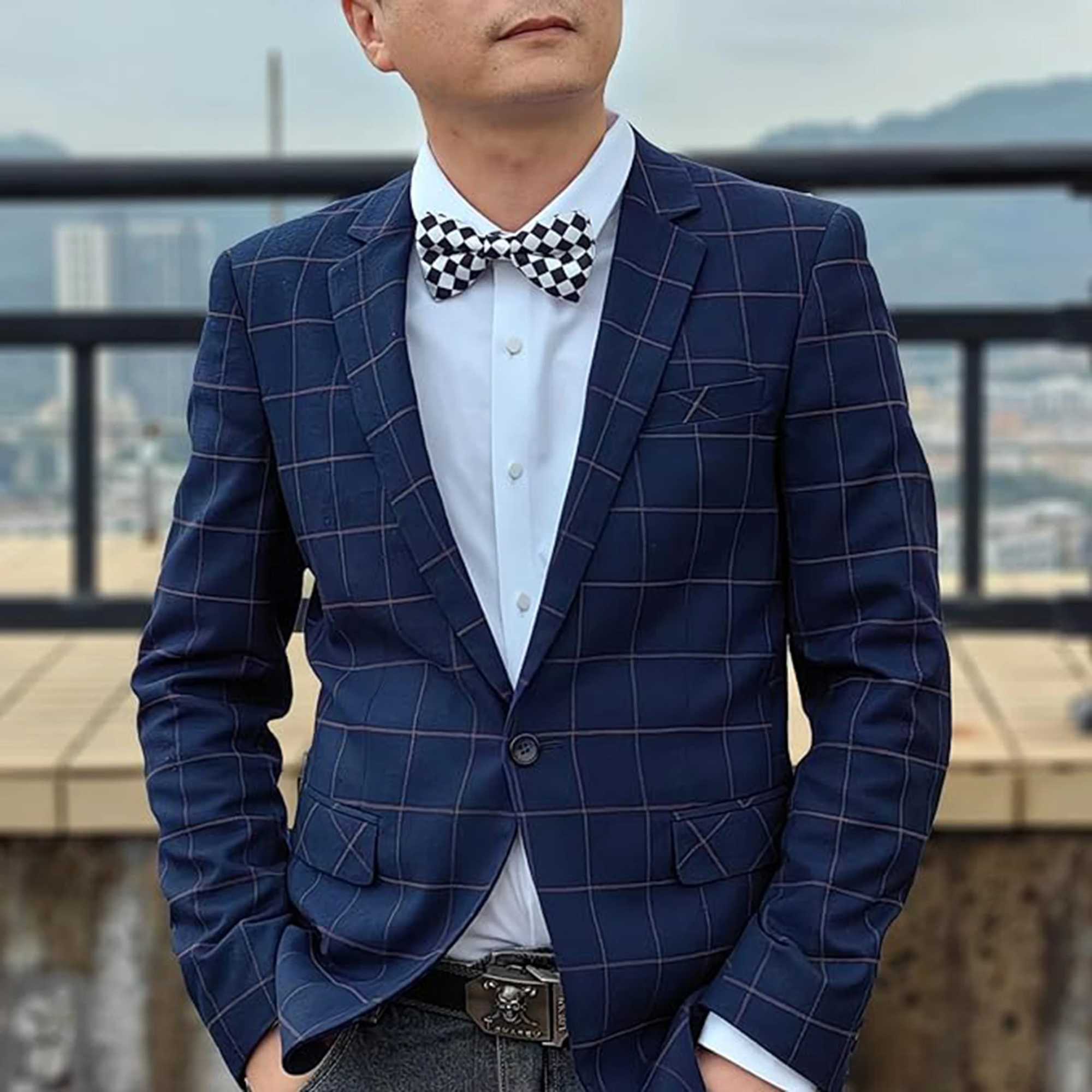 Black and white checkered double-layer polt casual fashion bow set used for wedding stage performances and parties Y240925