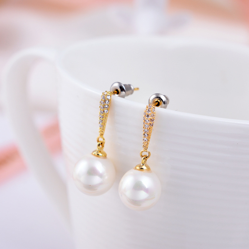 Elegant Designer Simulated White Ball Pearl Earrings for Women 18K Gold Silver CZ Crystal Pearl Drop Earring Wedding Jewelry Gift Accessory Wholesale 