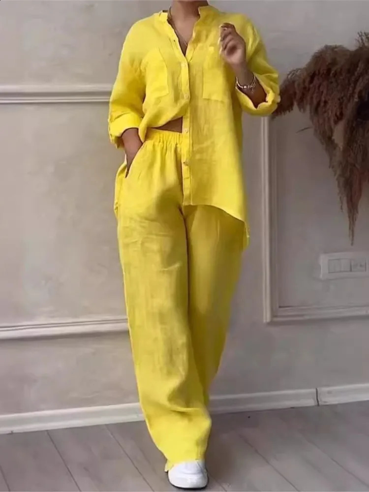 Cotton Linen Shirt Pants 2 Piece Set For Women 2024 Spring Autumn Long Sleeve Blouse Wide Leg Solid Suits Female Casual Outfits 240926