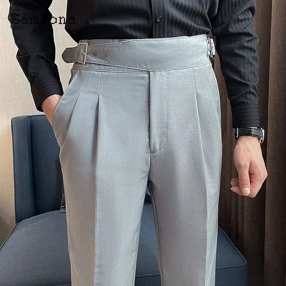 Men Elegant Buckle Up Suits Pants Solid White AnkleLength Trouser Plus Size Mens Stand Pocket Suit Formal Party Wedding 240925