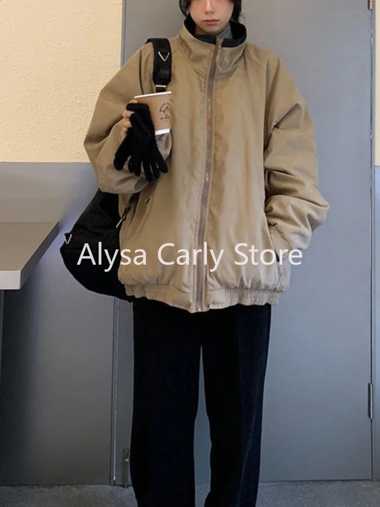 Casual High Street Parkas Women Winter Warm Korean Khaki Zipper Streetwear Coat Female Fashion Trend Vintage Outerwear 2024 240918
