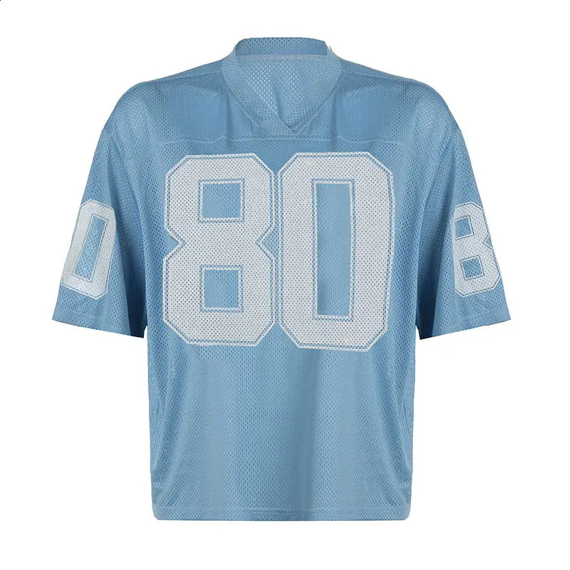 Oversized blue knitted mesh fabric sports style 80 digital printed T-shirt suitable for womens fashionable pink street American loose casual top 24092