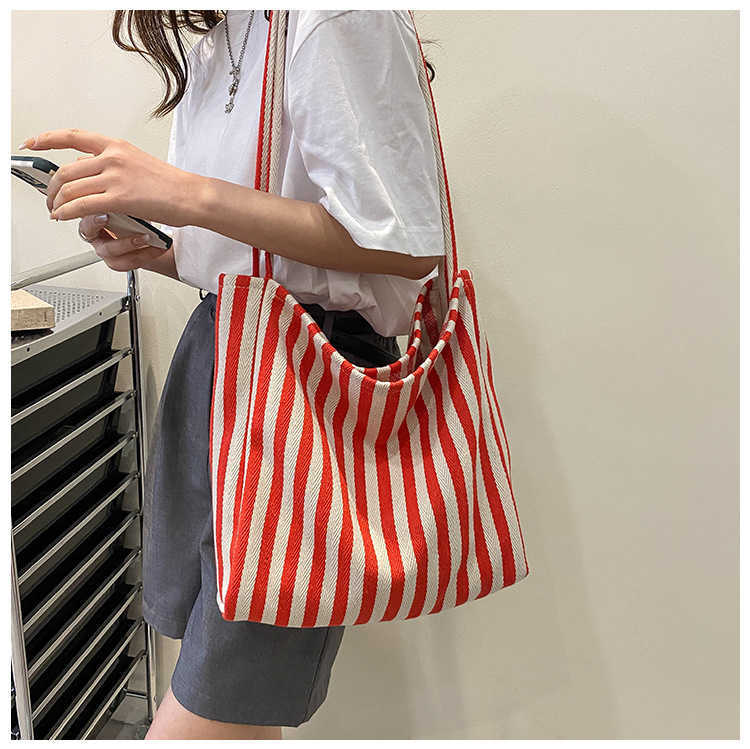 CMM Korean Literary Handbag Simple Small Fresh Stripe Shoulder Bag Leisure Fashion Large Capacity Shopping Bag