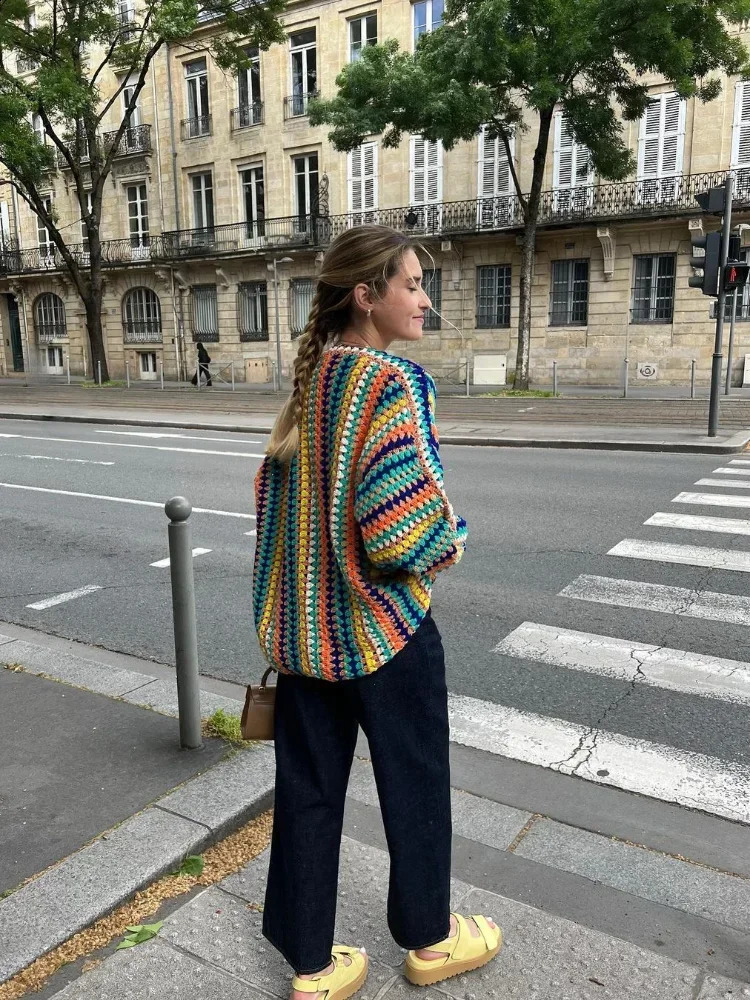 Women Elegant Colorful Striped Knitted Cardigan Fashion Long Sleeves Loose Sweater Coat 2024 Autumn Lady Commuting Street Tops 240919