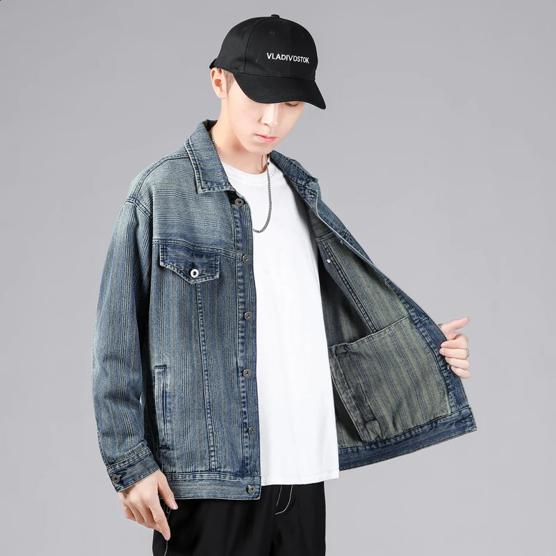 Mens retro striped blue denim jacket autumn Korean fashion pocket elastic cotton casual Plus size 5XL 240921