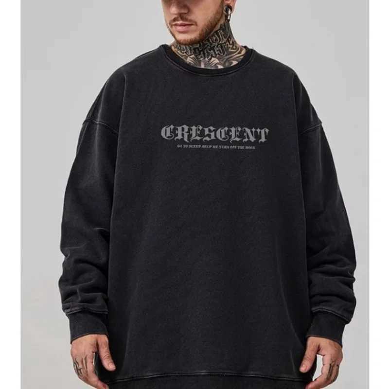 M-8XL Mens Street Sickle Moon Print Oversized Student Leisure Unisex Sweatshirt American Retro Youth Round Neck Sweater XJ250621
