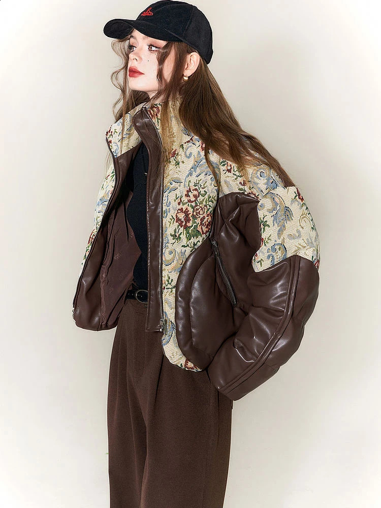 Winter Vintage Coat Womens Winter PU leather Parka Waterproof Embroidered Jacquard Jacket down Thick Warm Outerwear 240918
