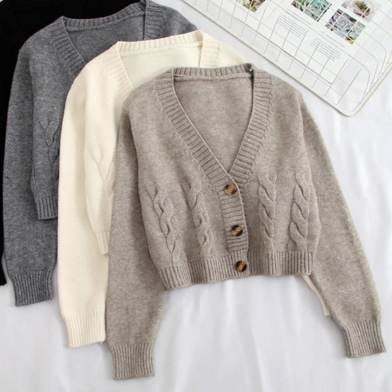 V Neck Cropped Cardigan Women Long Sleeve Twist Knitted Sweater Coats Autumn Winter Keep Warm Korean Fashion Jacket 240919