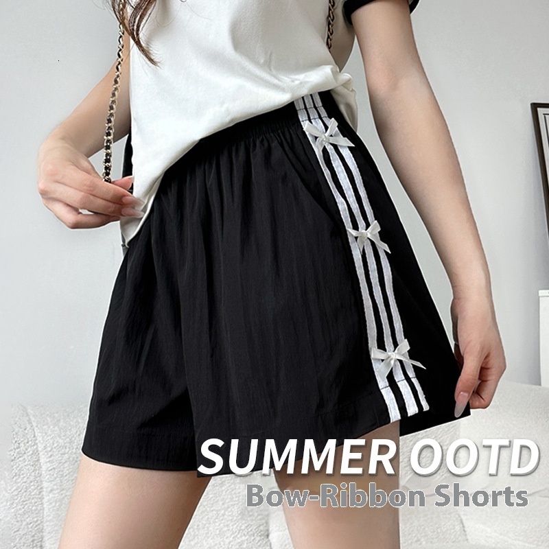 White bow sports shorts for women in summer, thin design, 2024 new wide leg casual quick drying striped five quarter pants