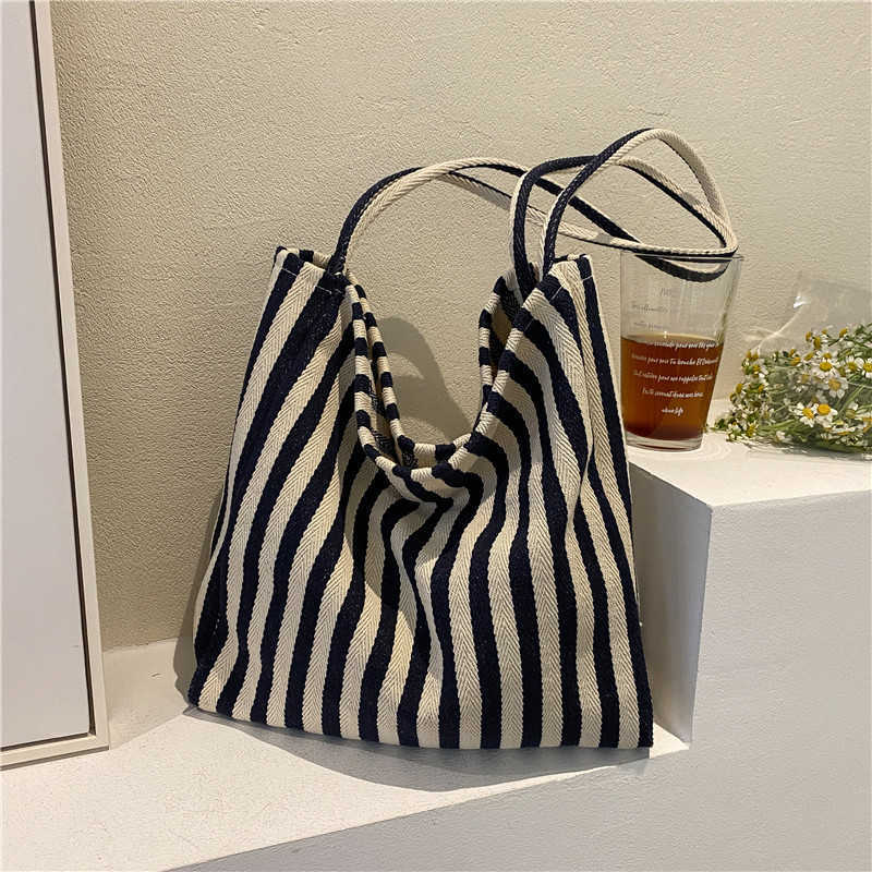 CMM Korean Literary Handbag Simple Small Fresh Stripe Shoulder Bag Leisure Fashion Large Capacity Shopping Bag