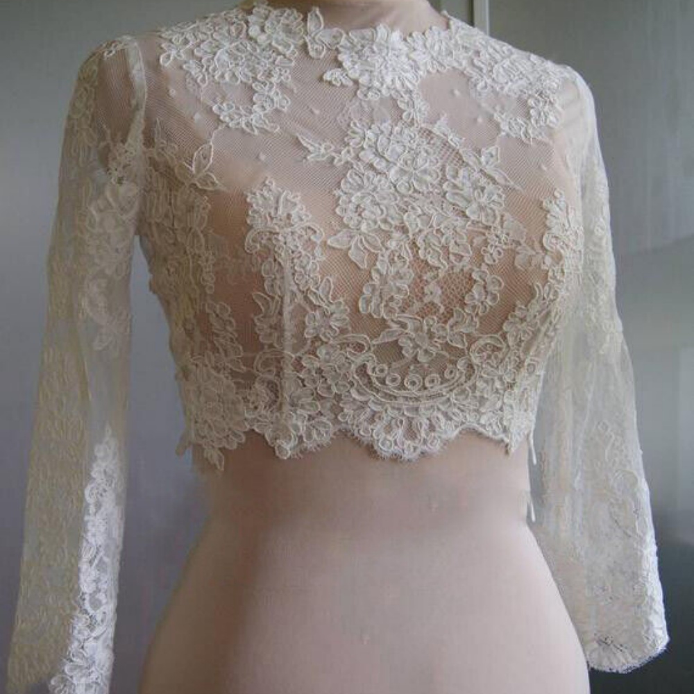 Elegant O Neck Jacket Appliques Lace Button Long Sleeve Bride Jackets For Sleeveles Bridal Dress Wedding Accessories Custom Made