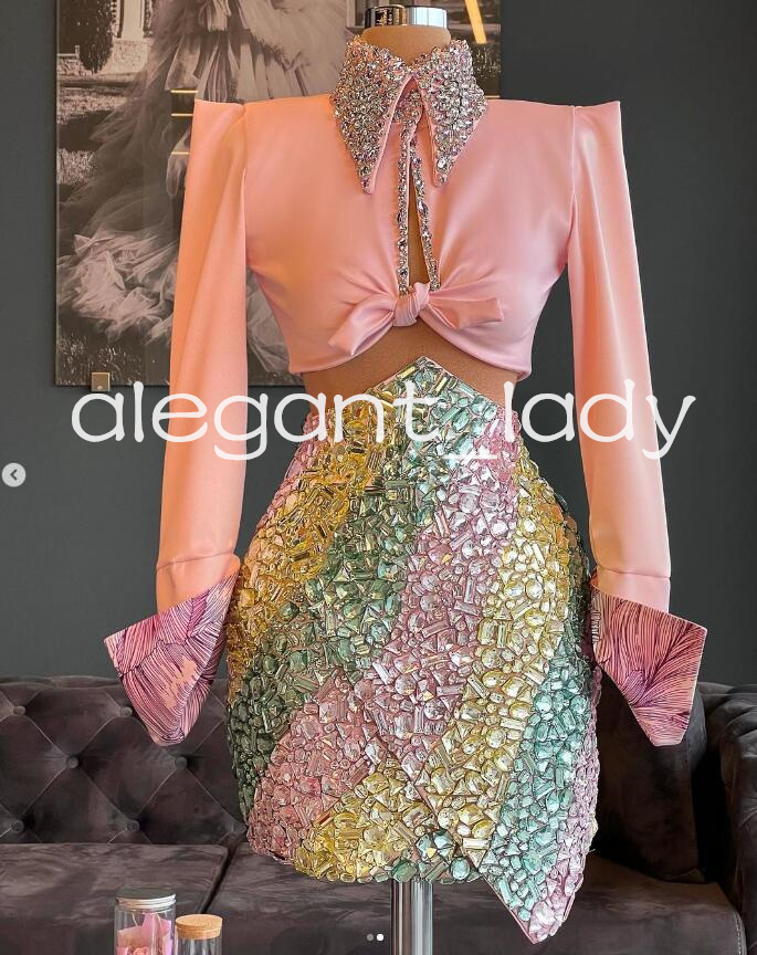 Blush Pink Two Pieces Mini Evening Cocktail Dresses 2025 Sparkly Shirt Set Diamond Crystal Homecoming Birthday Gala Gown prom