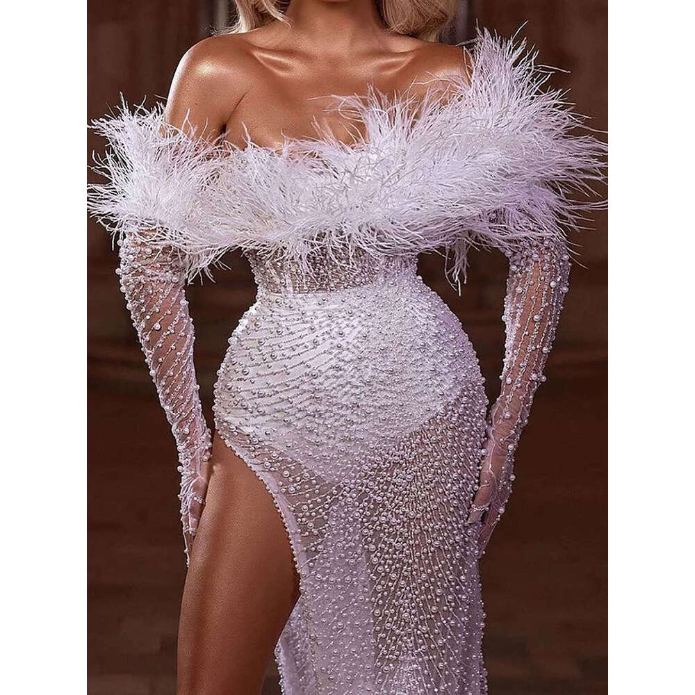 Wedding Dresses Mermaid Strapless Split Feather Pearls or-Length Princess Bride Dress Vestido de novia Custom Made