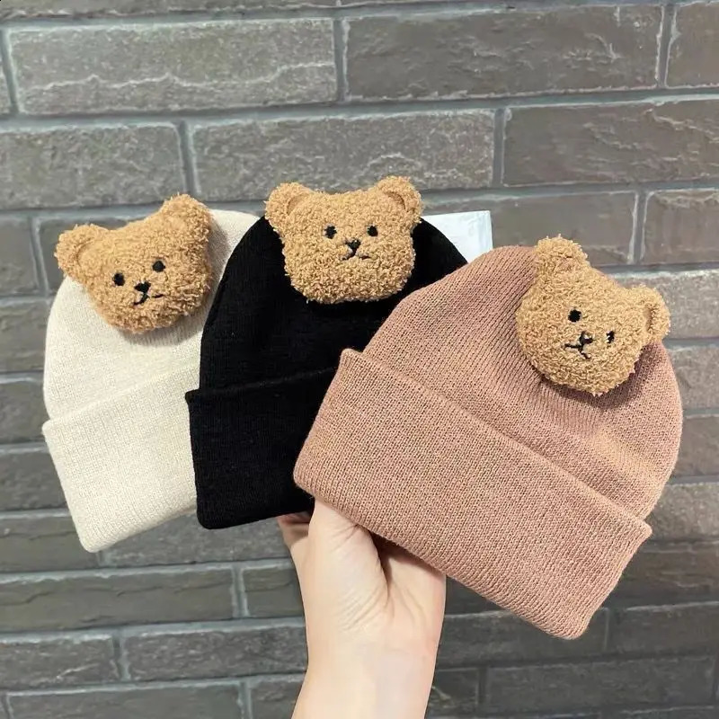 Korean cartoon bear baby hat cute solid color born bean girl boy autumn toddler knitted 240925
