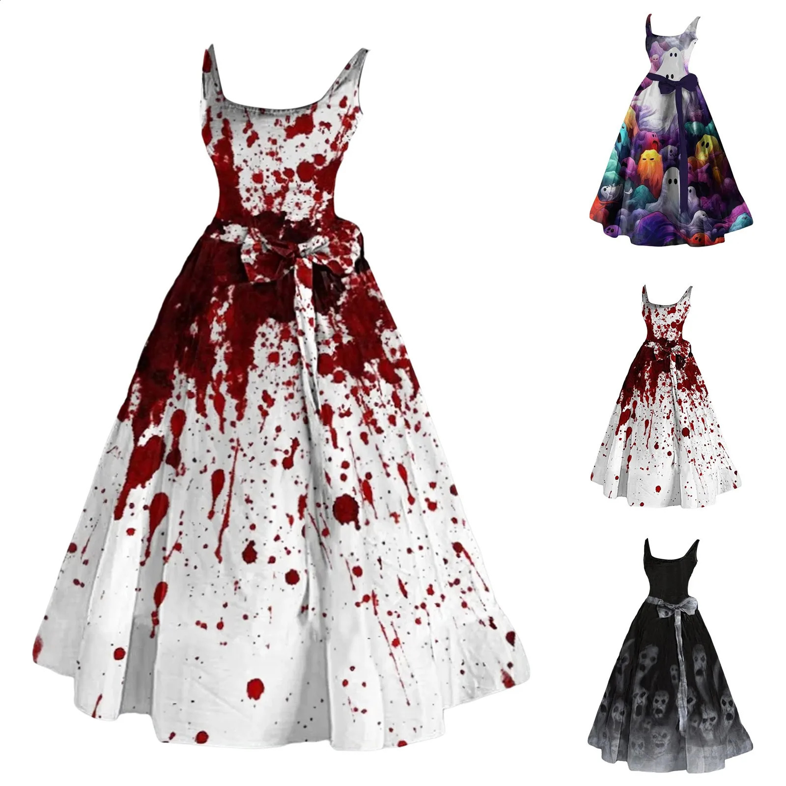 Halloween Horror Costume Womens Ball Dress Bloody Print Fluffy Sleeveless Tuned Cocktail Dress Guest Dress 240926