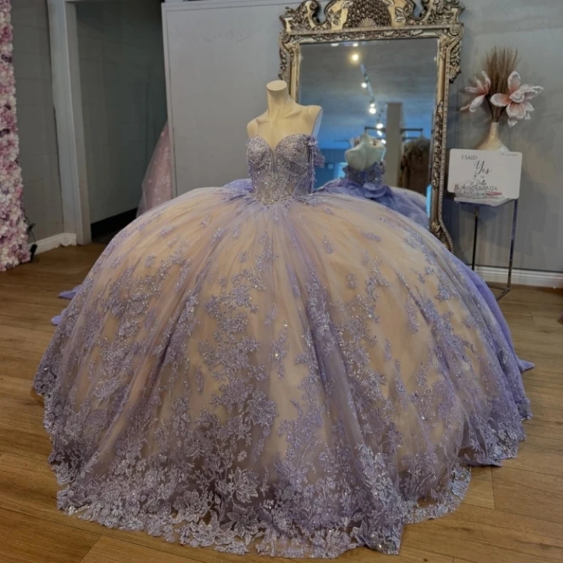 Lavender Quinceanera Dresses Ball Gown Off The Shoulder Sequin Appliques Crystal Beading Tull Champagne Lining Sweet Vestidos De 15 Anos