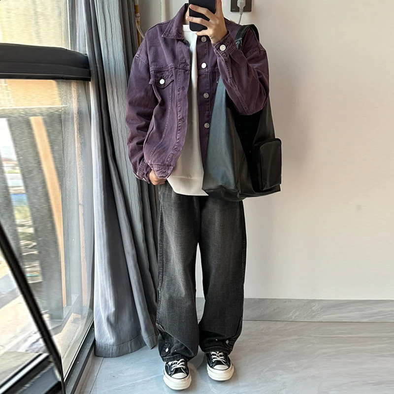 Mens retro washed purple denim jacket street clothing item pocket button up shirt jacket retro fashion M-3XL 240926