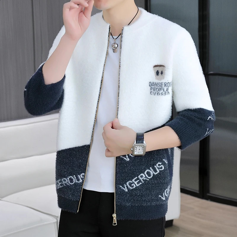 Mink Plush Thickened Round Neck cardigan Sweater Mens Autumn Winter Loose Print Patchwork Fashionable Knitted Zip Coat