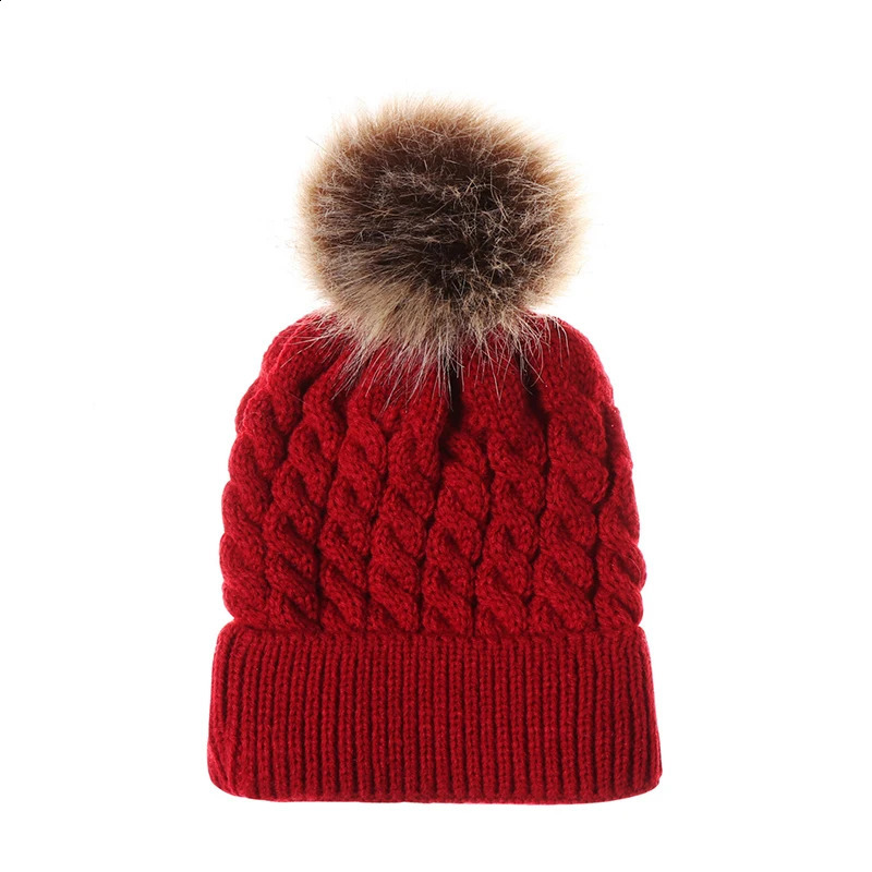 Winter hat childrens knitted baby fur Pom girls warm and toddler 240925