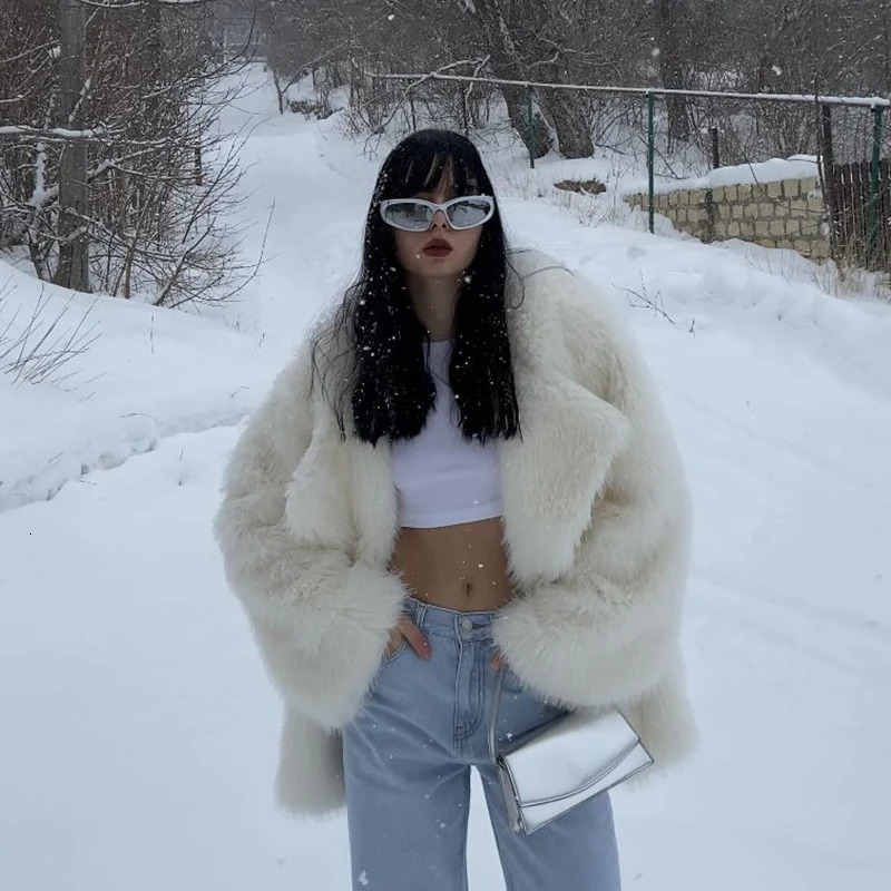 Oversized Lapel Fluffy Coat Women Winter Warm Solid Faux Fur Jacket Long Brand Loose Party Outwear Fashion Clothes