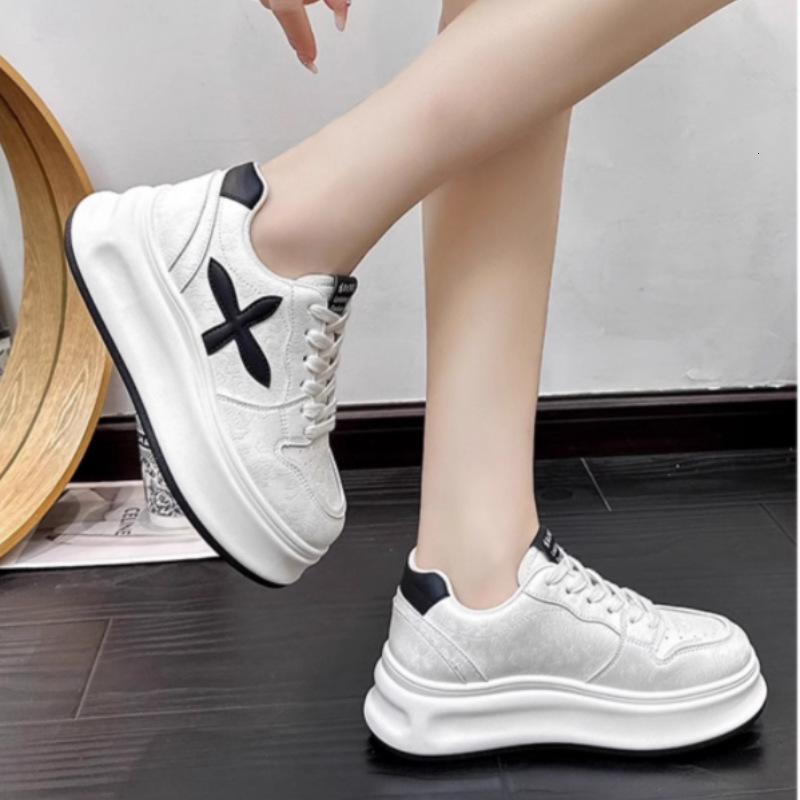 Ddmybear Soft Leather Thick White For Women Spring Cross Flower Versatile Round Sponge Sole Small Height Increasing Casual Board Shoes Chinese Brand S