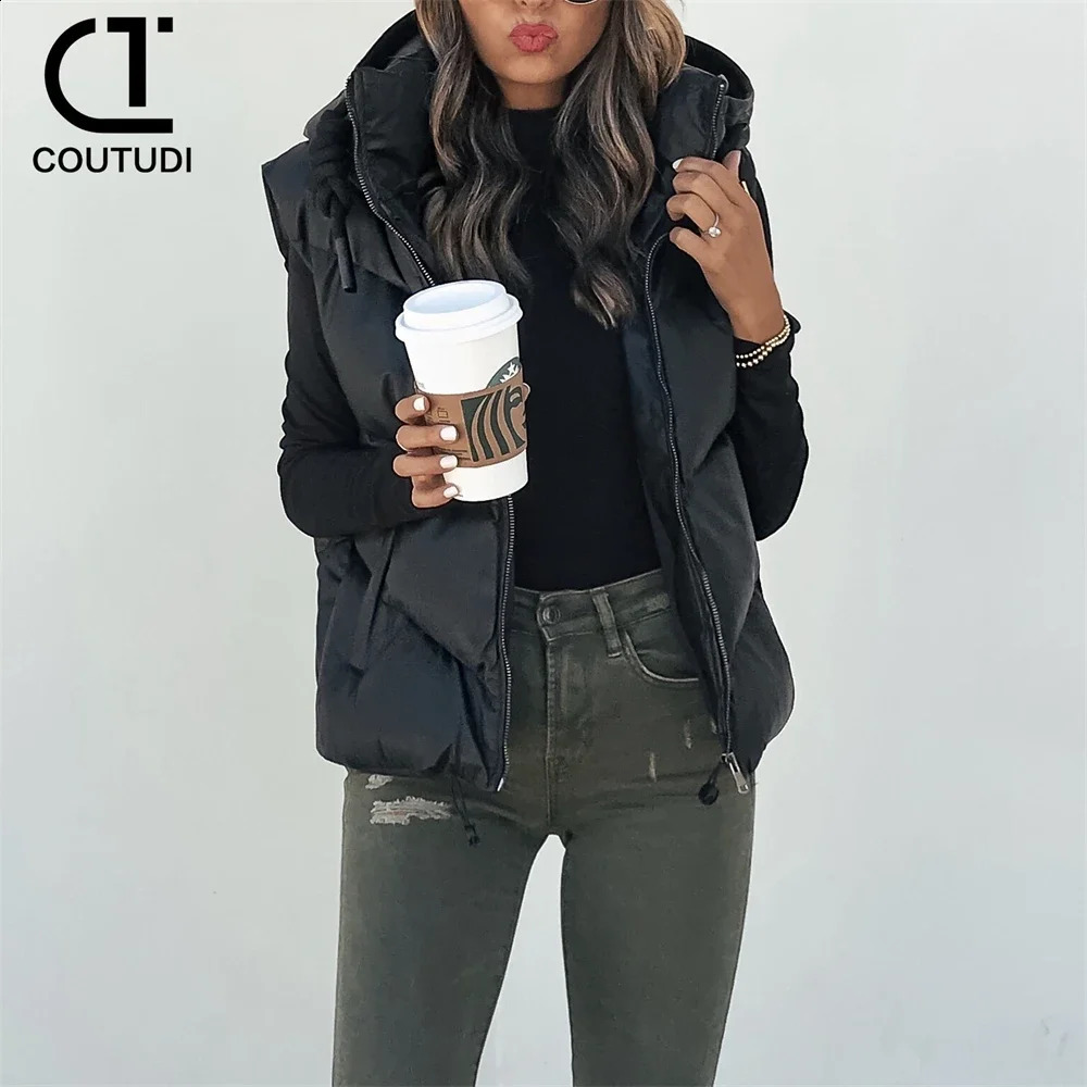 COUPUDI-PU leather fluffy womens vest black hooded park short sleeved jacket sleeveless belt womens fashion 240925