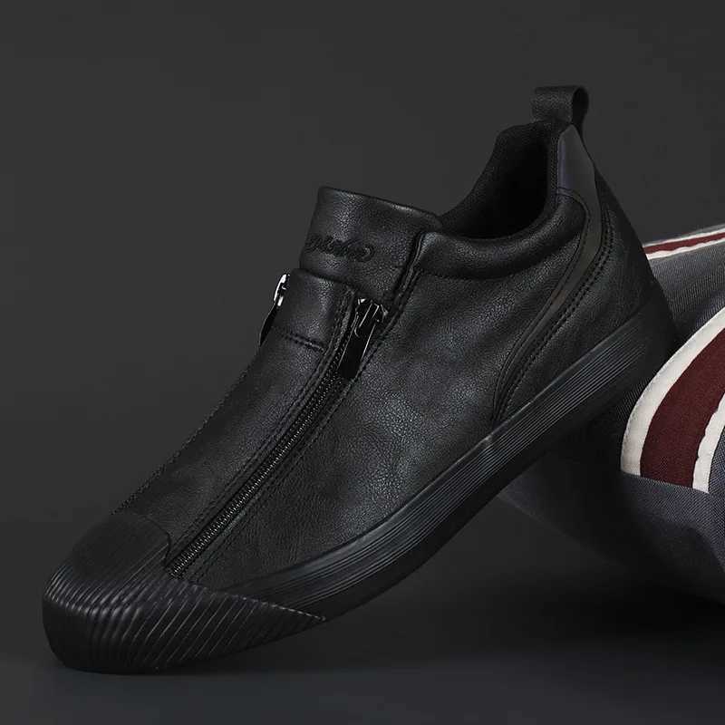 Winter Men Leather Casual Shoes Fashion Double Zipper High Tops Flat Shoes Slip on Plush Male Sneakers Loafers Tenis Masculino M240925