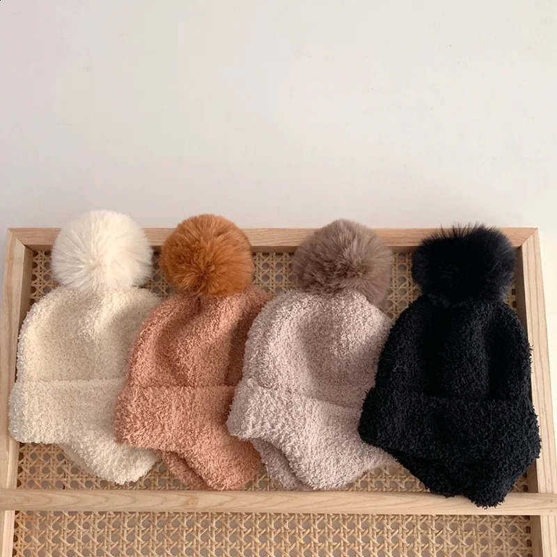 14 year old born baby children girls boys winter warm and soft knitted hat fur ball fluffy solid color elastic cute bear 240925