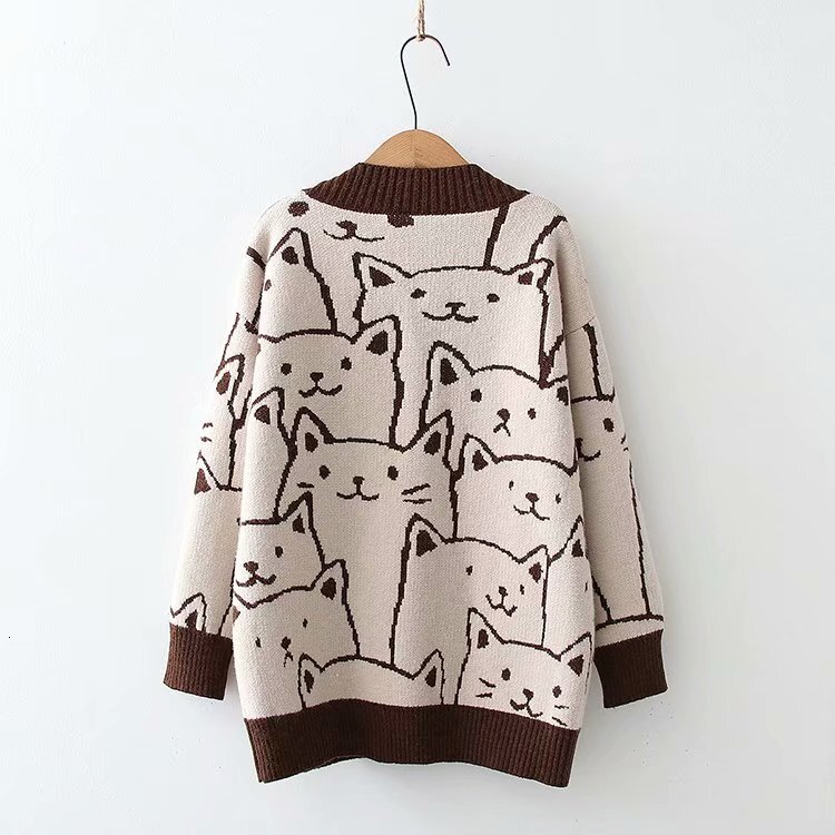 Designer women's clothing autumn and winter loose cardigan women's 2024 V-neck cartoon pattern cute sweet sweater casual knitwear