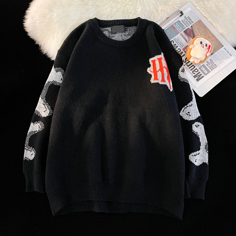 Mens Streetwear Fashion Sweater O-Neck Halloween Theme Skeleton Print Long Sleeve Swearshirt Tops Ripped Knit Jumper