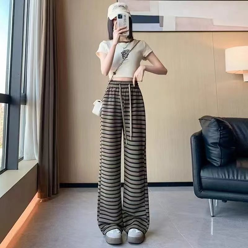 Striped casual wide for women in the summer of 2024, high waisted, loose and fashionable Korean version, trend slimming straight leg floor length pant