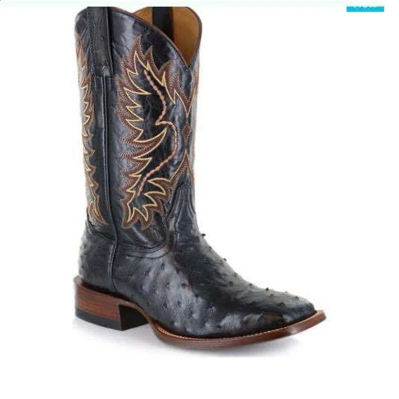 Mens and Womens Neutral Mid calf Western Cowboy Embroidered Boots Autumn Outdoor Leather Totem Med Heel Fashion n 240924