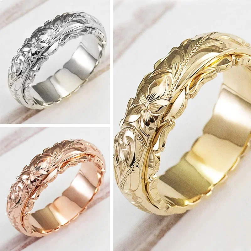 wer Yellow Rose Carved Ring 14k Gold Rings for Women and Men - Unique Anniversary Wedding Band 4 s B