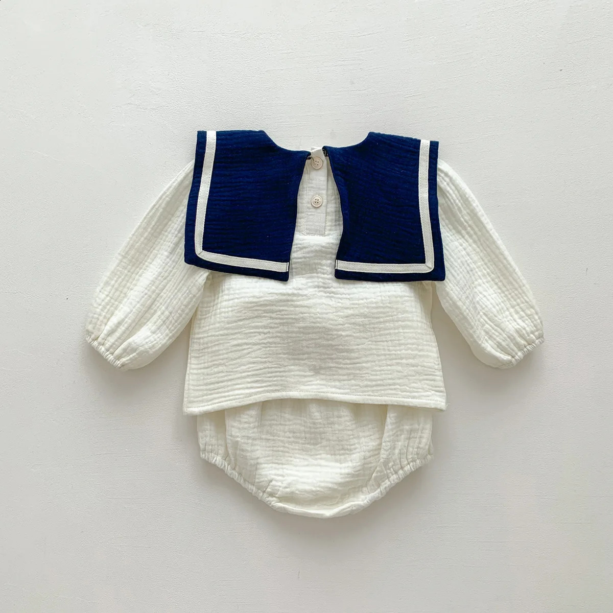 Long sleeved shirtbread pants Korean casual baby clothing born organic cotton navy blue collar Stye 240925