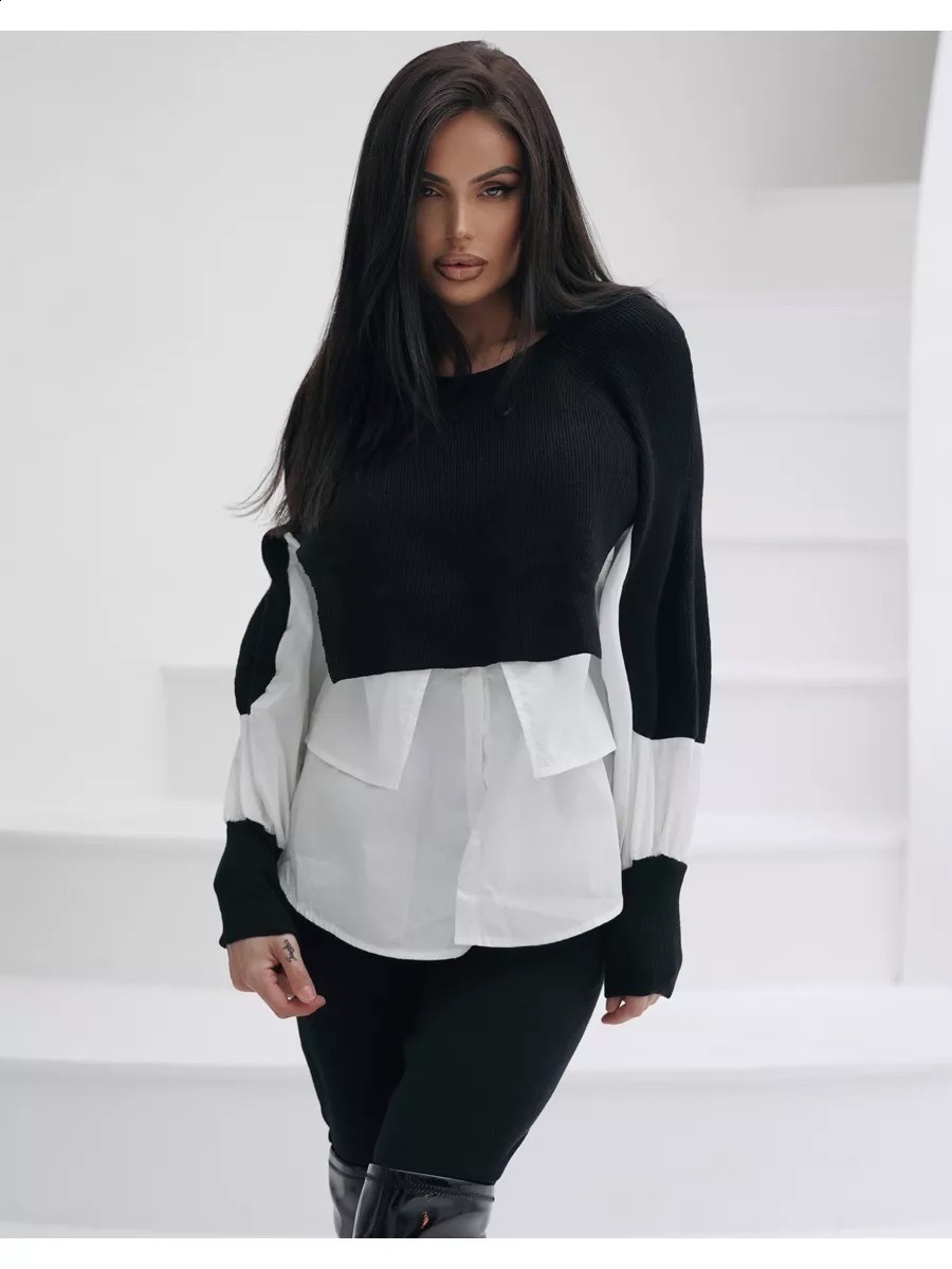 Autumn European Womens Sweater Splicing Shirt Two Piece Set Western Knitted Top 240926
