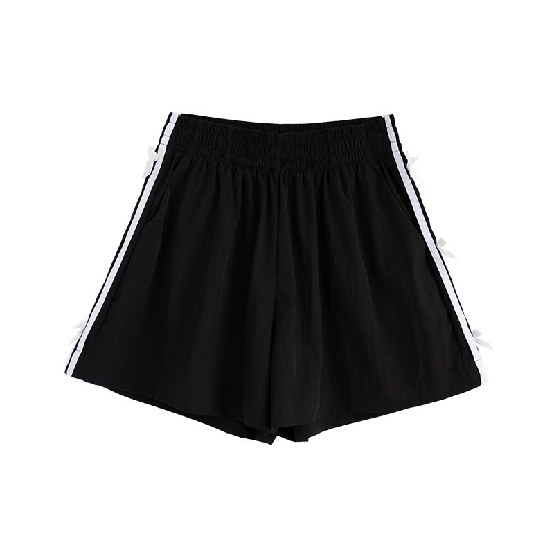 White bow sports shorts for women in summer, thin design, 2024 new wide leg casual quick drying striped five quarter pants