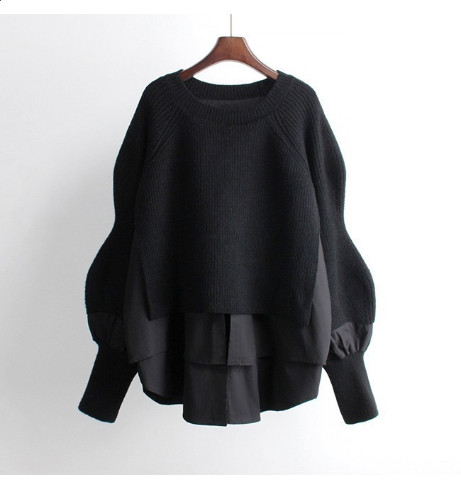 Autumn European Womens Sweater Splicing Shirt Two Piece Set Western Knitted Top 240926