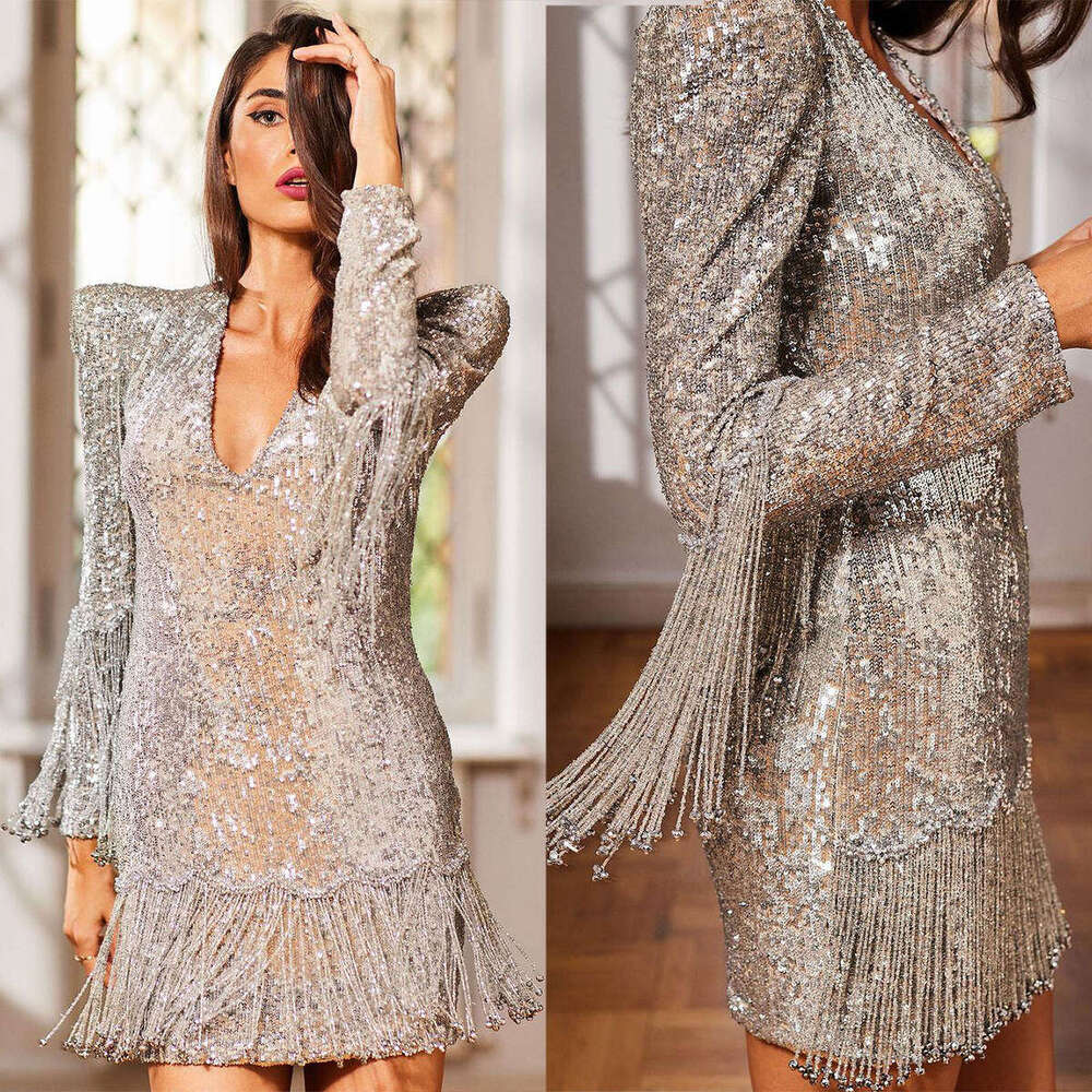 Evening A-E V-Neck Beading Sequined Long Sleeve Mini Prom Gown Party Dress Vestido De Noite Custom Made 0228Lz