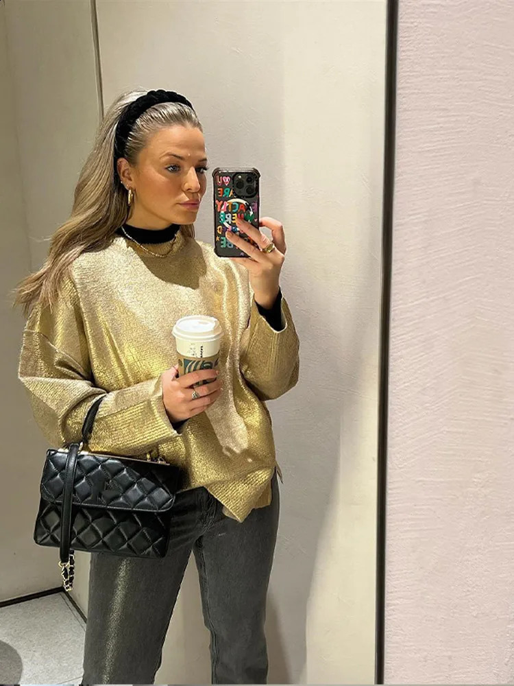 Knitted Solid Women Top Sweater Long Sleeve Split Female Pullover 2024 Autumn Fashion Loose O Neck Golden Female Shinny Sweaters 240925