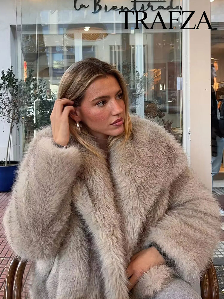 TRAFZA Women's Fashion Faux Fur Cropped Coat Autumn Winter Lapel Long Sleeve Thick Warm Jacket Female Chic Outerwear