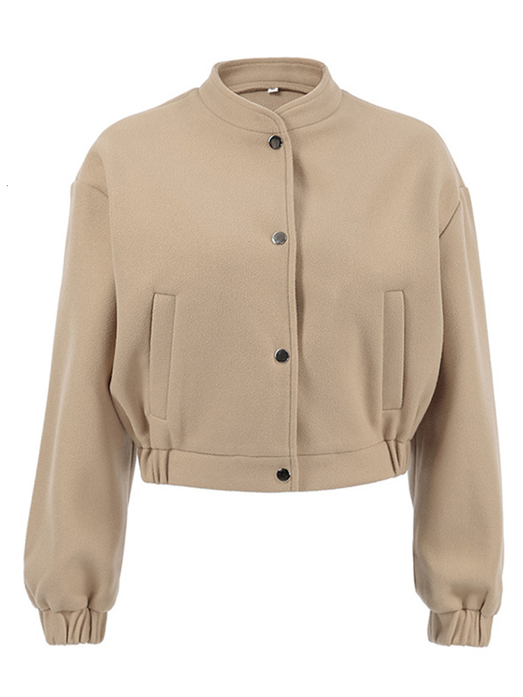 Casual Khaki Short Cropped Woolen Jackets Women Loose Button Pockets Tweed Jacket Female Autumn Chic Elegant Street Outwear