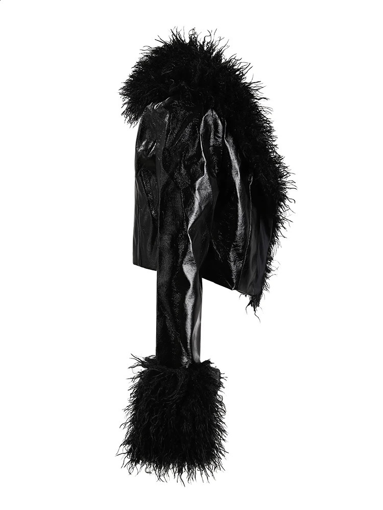 DEAT Fashion Womens Short Coat Flip Collar Simulated Sheepskin Gloss Patent Leather Patch Work Short Thin Coat Spring 11X6155 240923