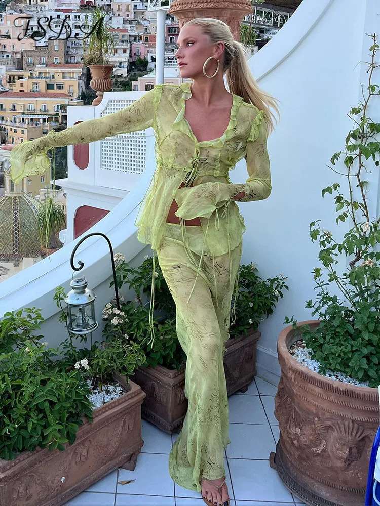 FSDA Print Y2K Mesh Long Sleeve Top Shirts Green And Maxi Skirt Bodycon Sexy Two Piece Sets Beach Outfit Club 240926